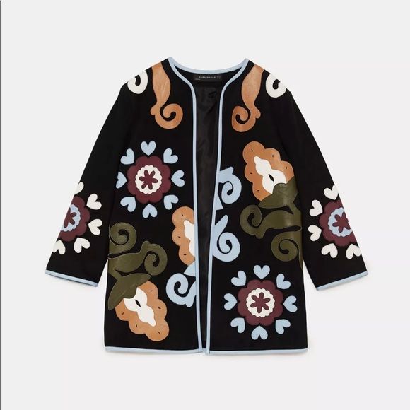 ZARA LEATHER COAT W/ MULTICOLOURED APPLIQUÉS BLACK - Picture 4 of 4